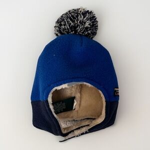L.L. Bean Toddler Fleece Pom Hat 6-12M Blue Sherpa Trapper Winter Cozy Outdoor